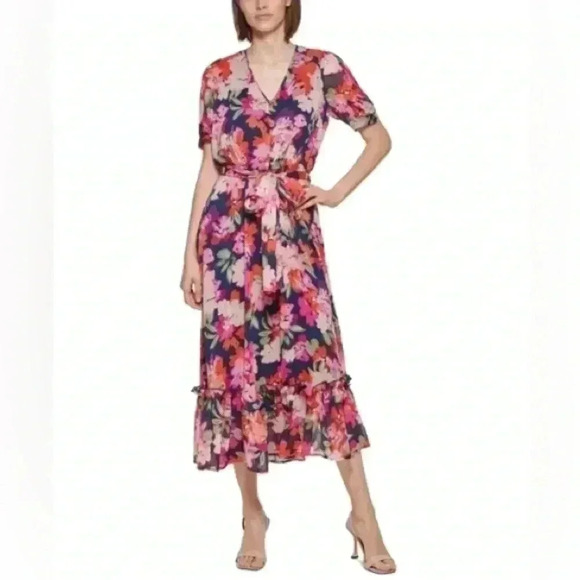 Calvin Klein Dresses & Skirts - Calvin Klein Floral-Print Belted MIDI Dress